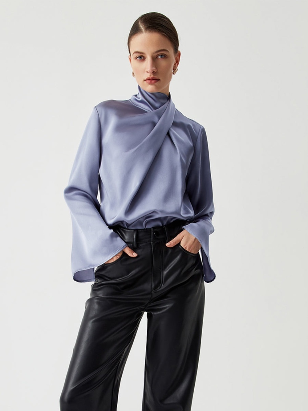 Commense Asymmetric Pleated Turtleneck Satin Blouse